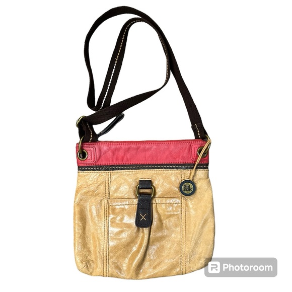 The Sak Leather Crossbody Color Block Red Tan Heavy Stitch Charm - Picture 1 of 11